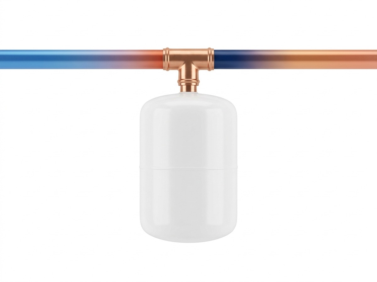 A clean visual-only illustration shows a thermal expansion tank connected once to a continuous copper cold-water pipe, with a warm-to-cool gradient suggesting expansion.