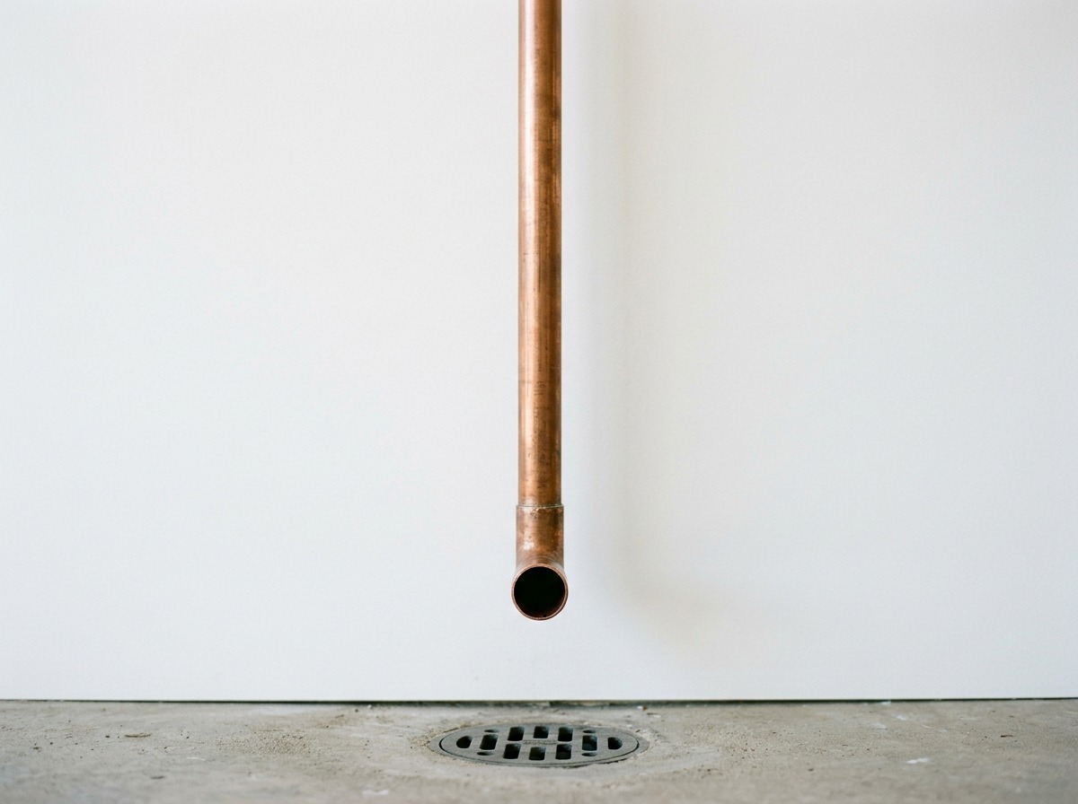 A minimal close-up shows one unobstructed vertical copper discharge pipe ending safely above a floor drain.