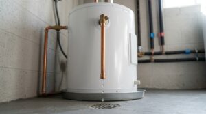 A close editorial view shows a correctly installed storage water heater and an unobstructed T&P discharge pipe releasing a few droplets.