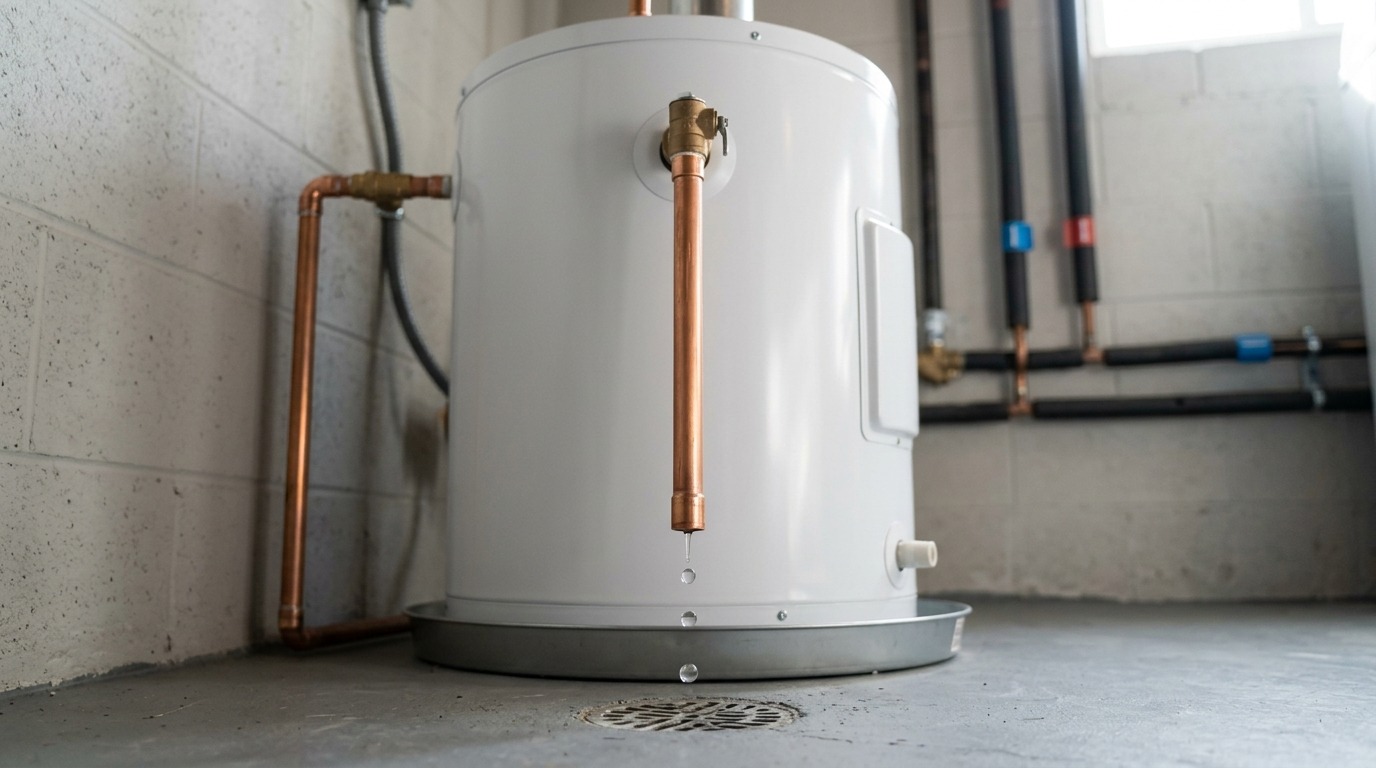 A close editorial view shows a correctly installed storage water heater and an unobstructed T&P discharge pipe releasing a few droplets.